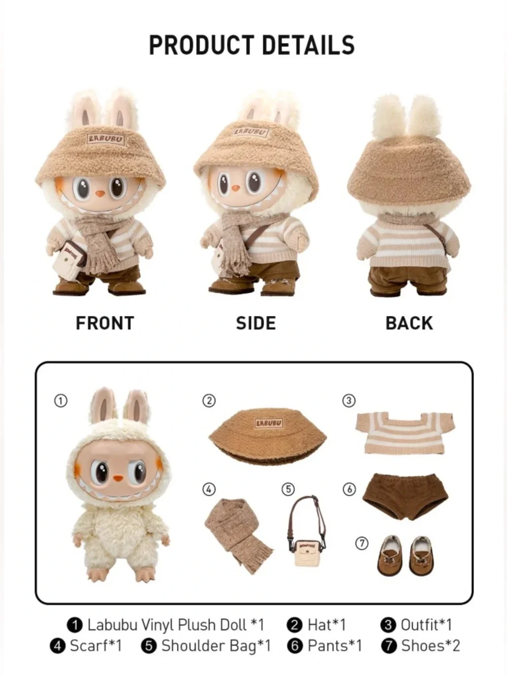 POP MART Labubu Plush Figure in Beige & Brown Outfit